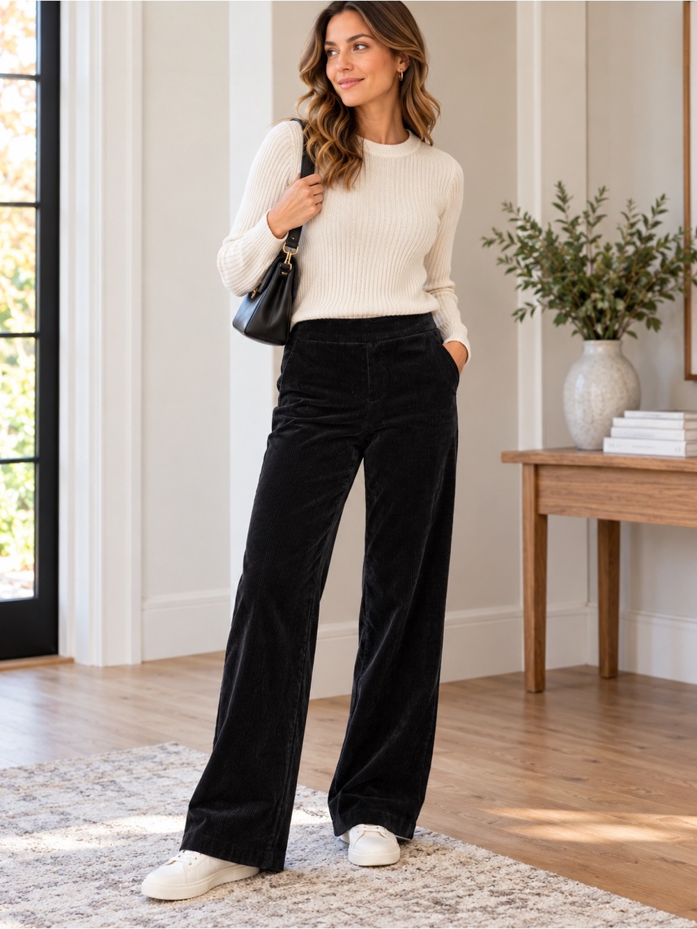 LOFT Womens XS Black Corduroy Pull On Pants Wide Leg Stretch Trousers
